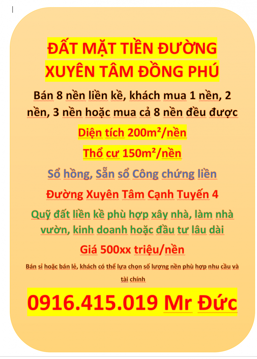 10 nền liền kề mặt tiền đường Xuyên Tâm Đồng Phú